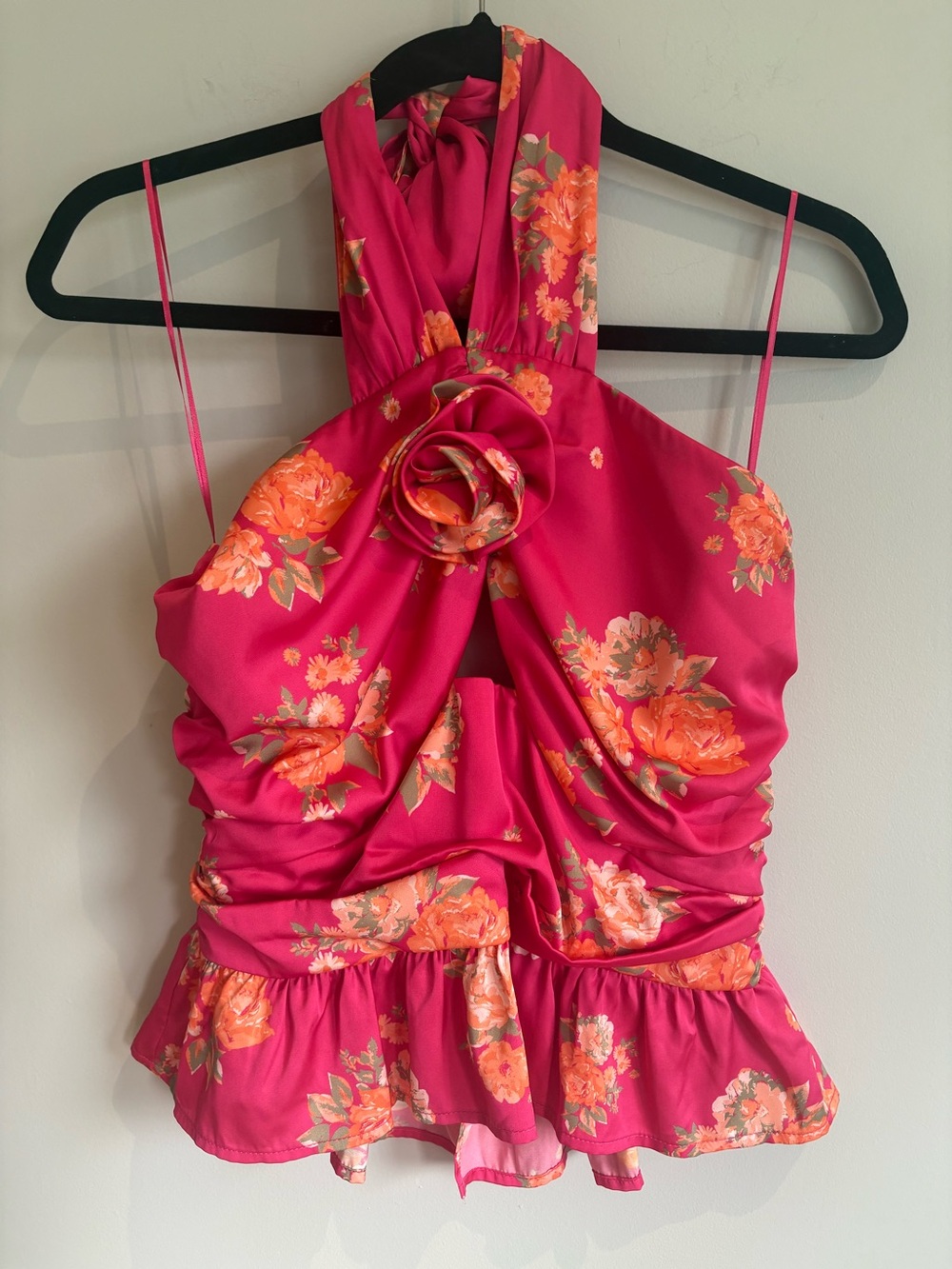 WAYF Floral Halter Peplum Top in Hot Pink